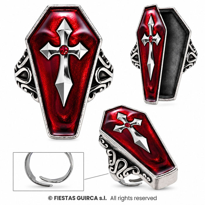 Halloween Ring "Sarg mit Kreuz" | Rot Silber - Sarg zum öffnen
