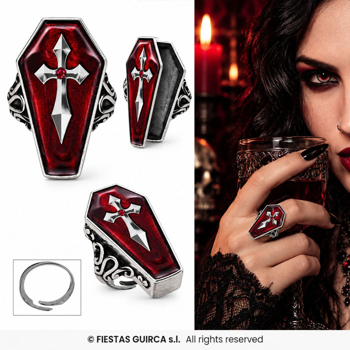 Halloween Ring "Sarg mit Kreuz" | Rot Silber - Sarg zum öffnen
