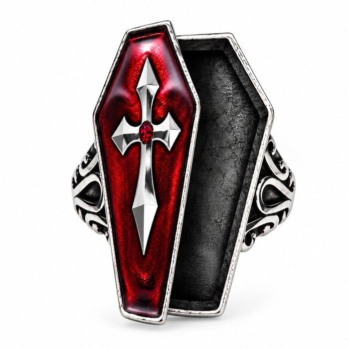 Halloween Ring "Sarg mit Kreuz" | Rot Silber - Sarg zum öffnen