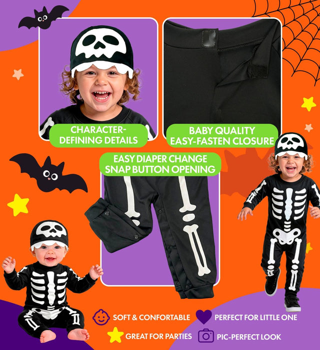 "Kleines Skelett" Kostüm für Babys | Overall und Mütze | Schwarz Weiß