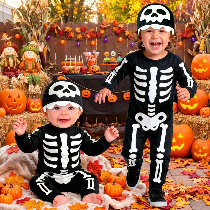 "Kleines Skelett" Kostüm für Babys | Overall und Mütze | Schwarz Weiß
