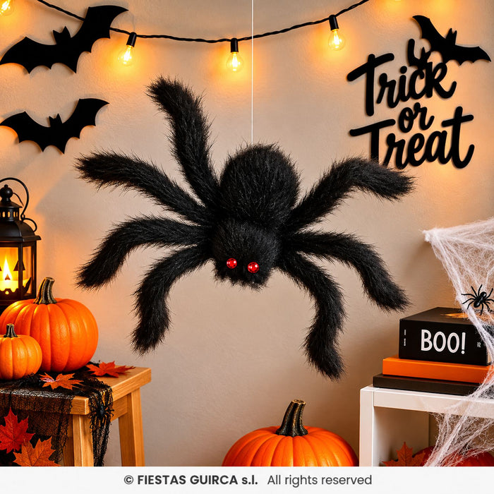 Spinne 50 cm | Schwarze Halloween Deko mit roten Augen