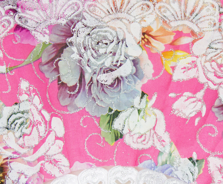 Glitzer Handfächer mit Rosen - Weiß / Rosa