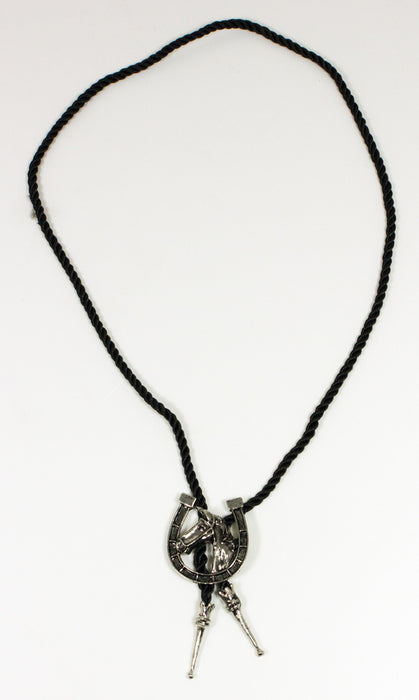 Cowboy Krawatte mit Anhänger  - Pferd mit Hufeisen Altsilber