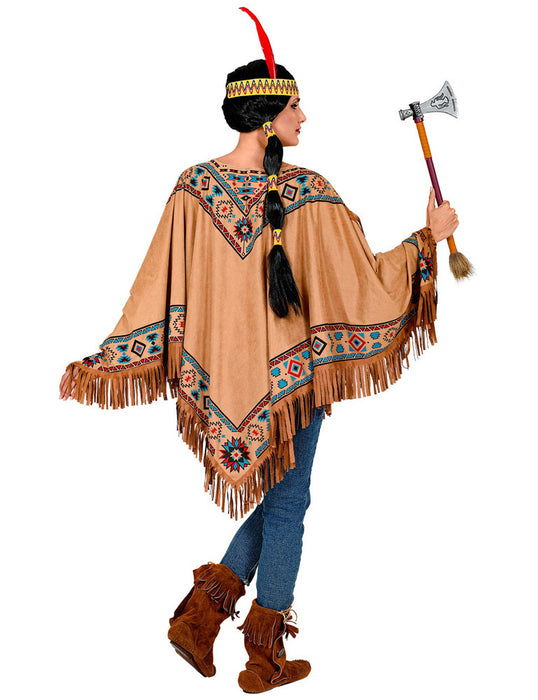 Indianerin Fransen Poncho für Damen - Braun Blau | Native Woman Kostüm