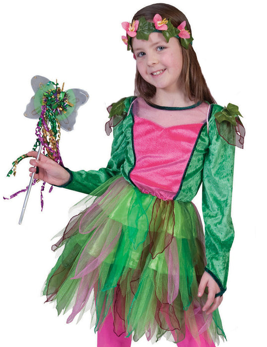 Waldfee "Nina" Kinder Kostüm | Märchen Elfenkleid mit Blumenkranz - Grün Rosa