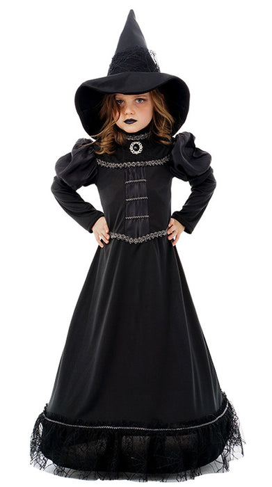 Hexen Kinderkostüm "Orelie" - Langes Kleid und Hexenhut | Schwarz Silber