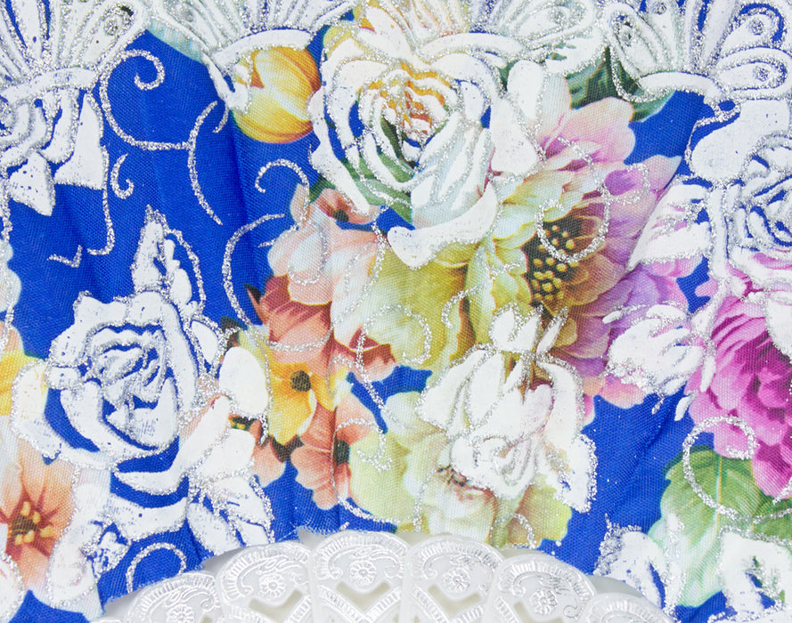 Glitzer Handfächer mit Rosen - Weiß / Blau