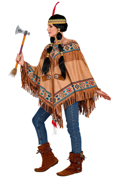 Indianerin Fransen Poncho für Damen - Braun Blau | Native Woman Kostüm