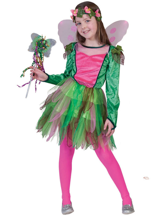 Waldfee "Nina" Kinder Kostüm | Märchen Elfenkleid mit Blumenkranz - Grün Rosa