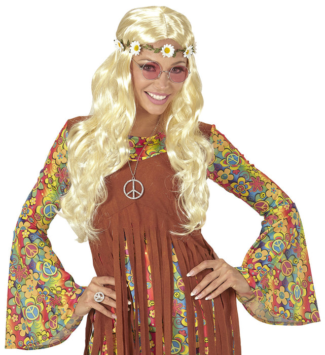 Hippie Langhaar Locken Perücke "Maike" mit Blumen Stirnband | Blond