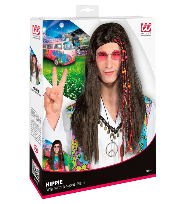 Hippie Langhaar Perücke mit Perlen für Herren - Schwarz
