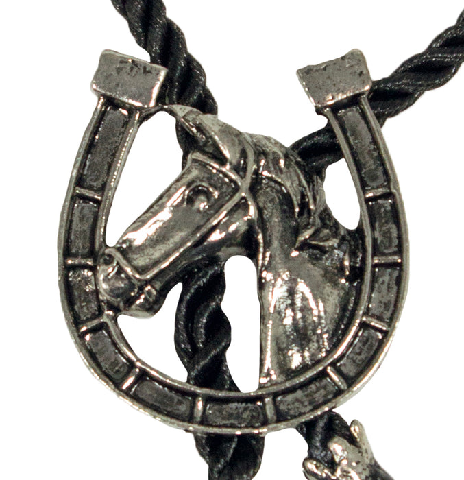 Cowboy Krawatte mit Anhänger  - Pferd mit Hufeisen Altsilber