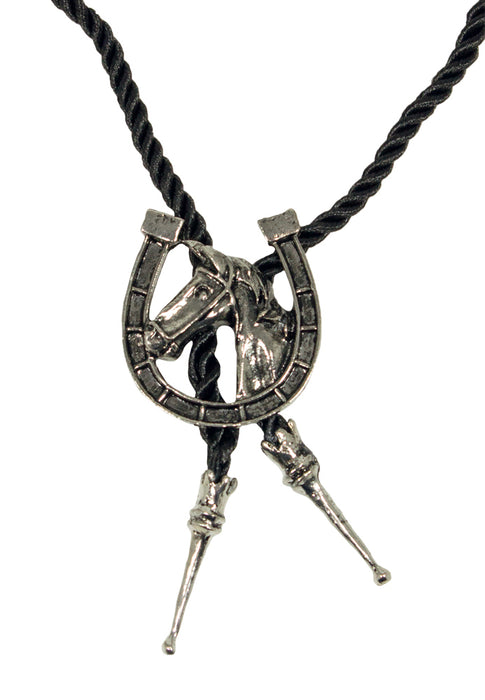 Cowboy Krawatte mit Anhänger  - Pferd mit Hufeisen Altsilber