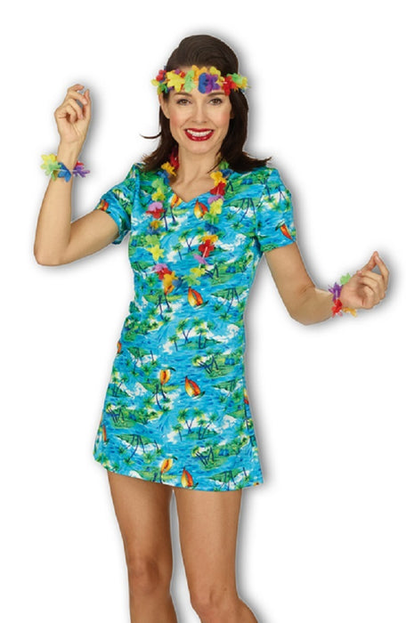 Hawaii Party Kleid Karibik für Damen - Türkis mit Palmen - zum Südsee Hula Party Kostüm