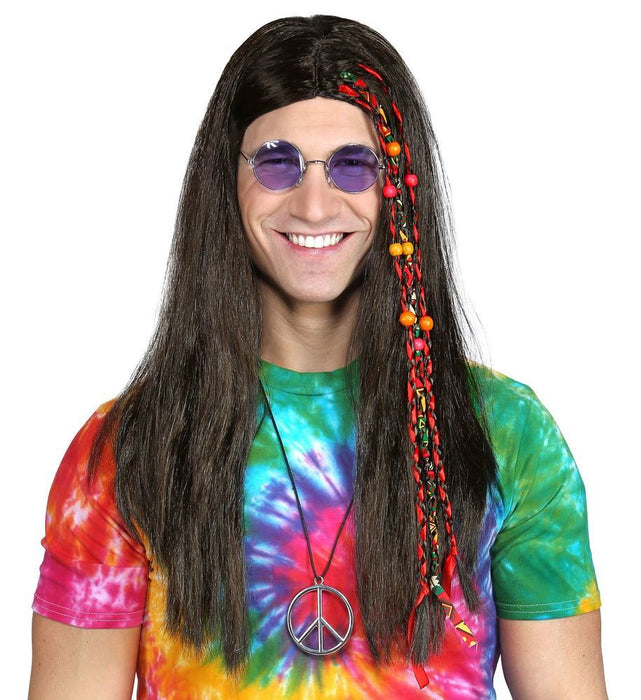 Hippie Langhaar Perücke mit Perlen für Herren - Schwarz