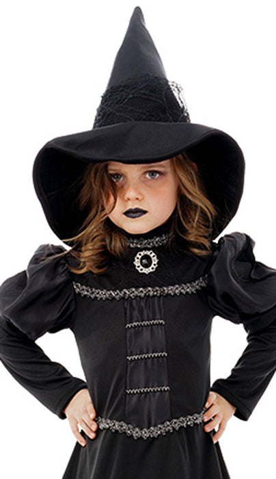 Hexen Kinderkostüm "Orelie" - Langes Kleid und Hexenhut | Schwarz Silber