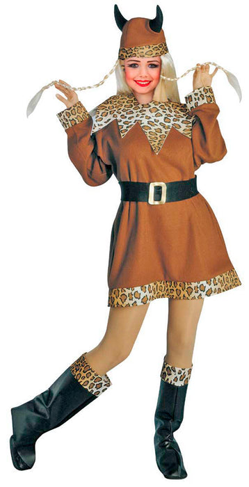Wikinger Barbarin Kostüm Mädchen | Kleid mit Helm, Gürtel & Stiefelüberziehern