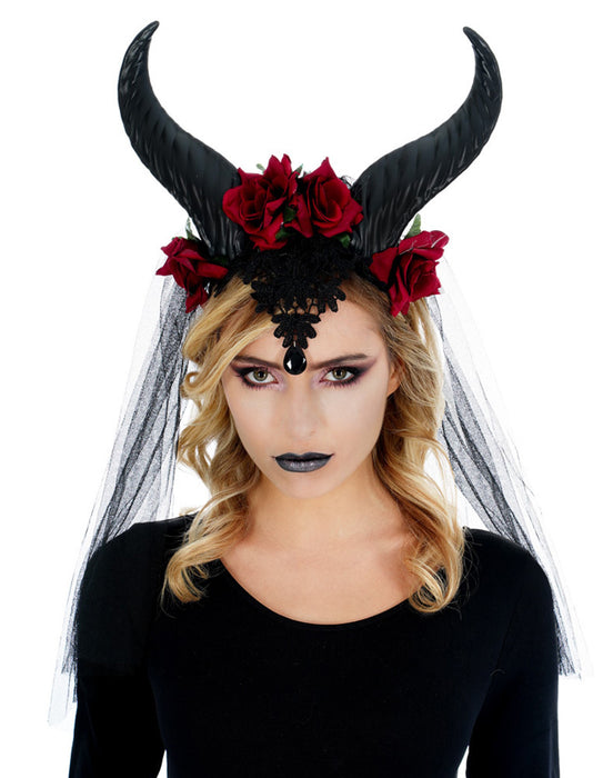Haarreif mit Hörnern, Rosen und Schleier - Schwarz / Rot