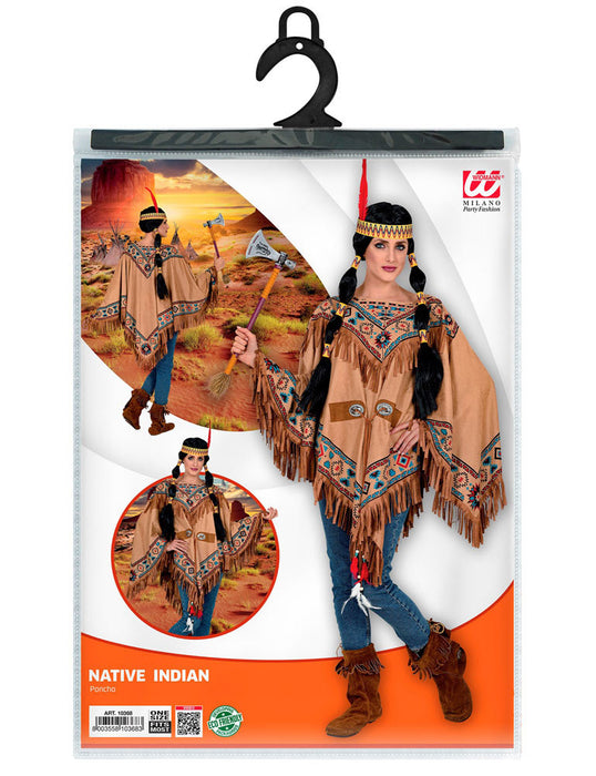 Indianerin Fransen Poncho für Damen - Braun Blau | Native Woman Kostüm