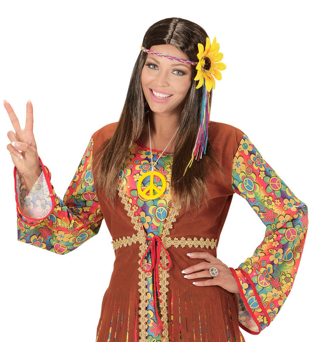 70er Jahre "Hippie Girl" Perücke mit Blumen Stirnband | Braun