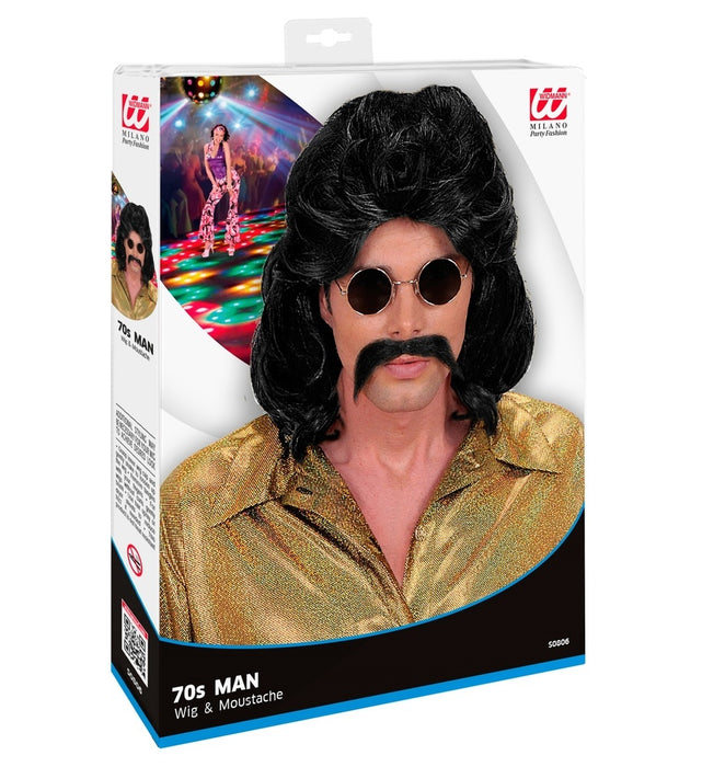 70er Jahre Perücke "Mark" mit Schnurrbart für Herren - Schwarz