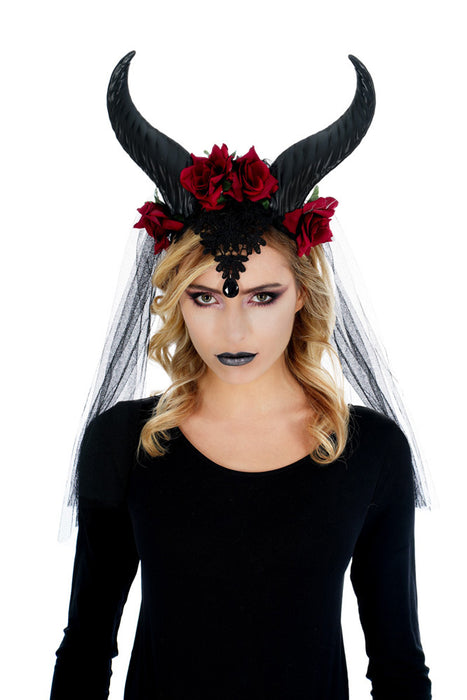Haarreif mit Hörnern, Rosen und Schleier - Schwarz / Rot