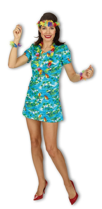 Hawaii Party Kleid Karibik für Damen - Türkis mit Palmen - zum Südsee Hula Party Kostüm