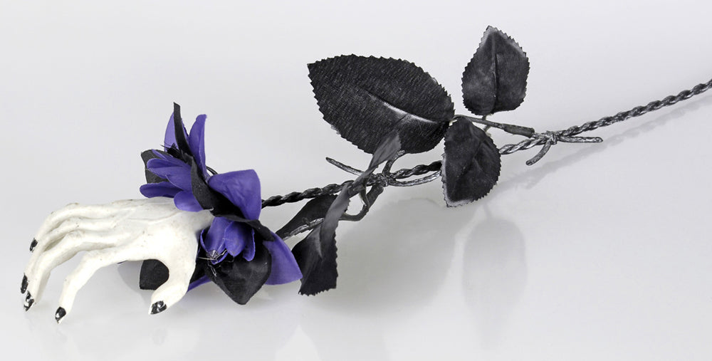 Halloween Skelett Hand mit Rose | Lila Schwarz 44 cm