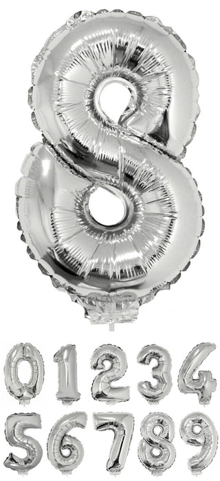 Zahlen Folienballon 41 cm mit Stab - Silber | Dekoration Geburtstag Jahrestag