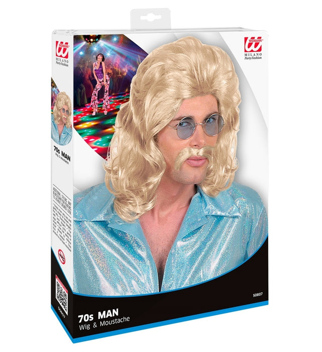 70er Jahre Perücke "Tommy" mit Schnurrbart für Herren - Blond
