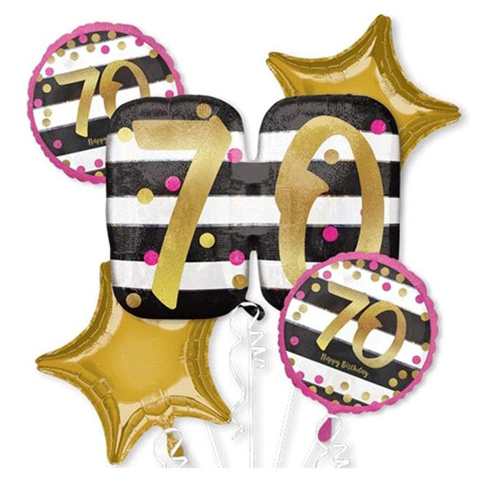"Pink & Gold Milestone 70" Folienballon Bouquet 70. Geburtstag - Gold / Schwarz / Pink  - 5 Ballons