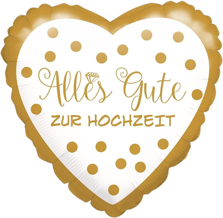 Herz Folienballon ABC18 Alles Gute zur Hochzeit mit Punkten - Weiß Gold 43 cm