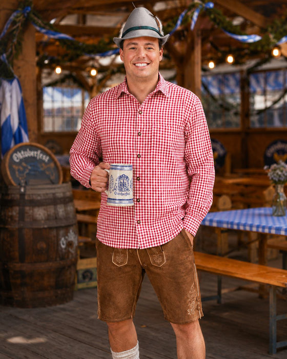 Trachtenhemd Herren Anton Rot Weiß Kariert | Oktoberfest Hemd mit Brusttasche | Langarmhemd mit Krempelärmeln